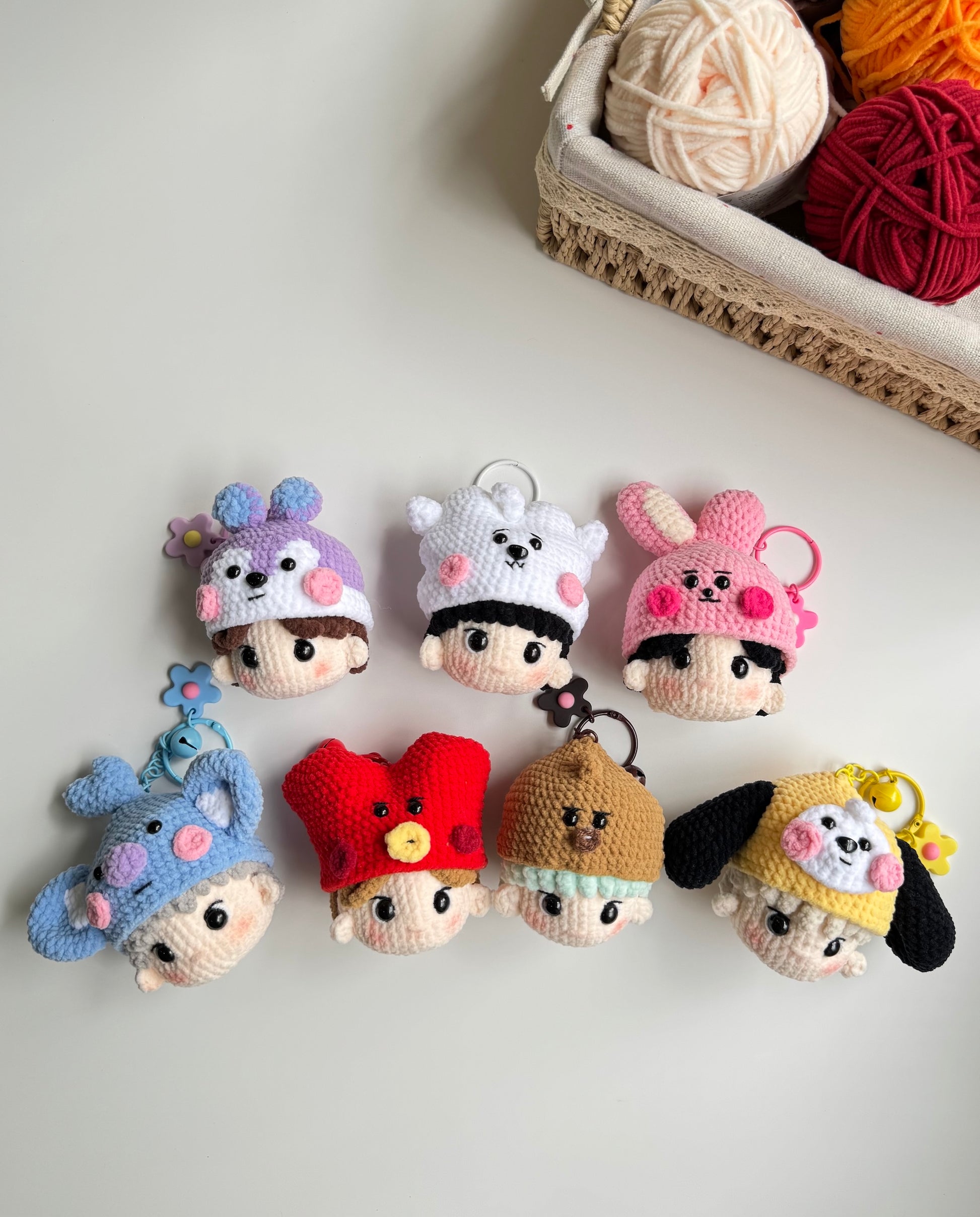 BT21 crochet keychain with 7 members that includes Mang, RJ, Cooky, Koya, Tata, Shooky, Chimmy