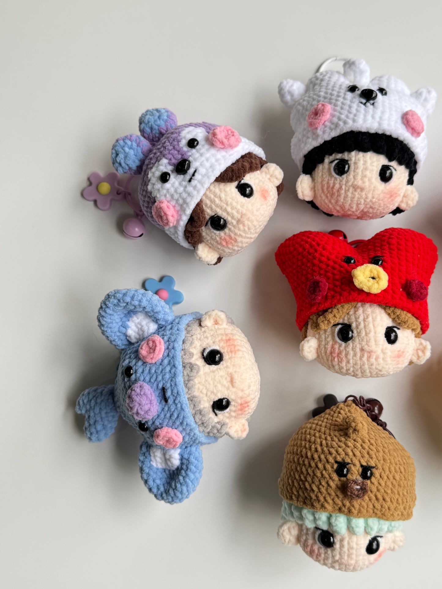 5 members of BTS amigurumi, inspired by BT21: Koya (BTS RM), Mang (BTS J Hope), RJ (BTS Jin), Tata (BTS V), Shooky (BTS Suga)